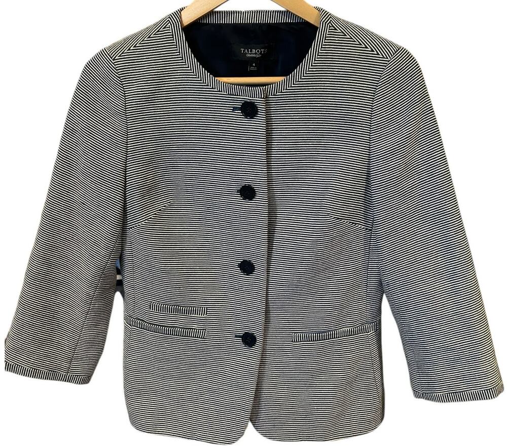 TALBOTS Women's Stripe Collarless Blazer 4 Navy White 3/4 Sleeve Cotton Blend